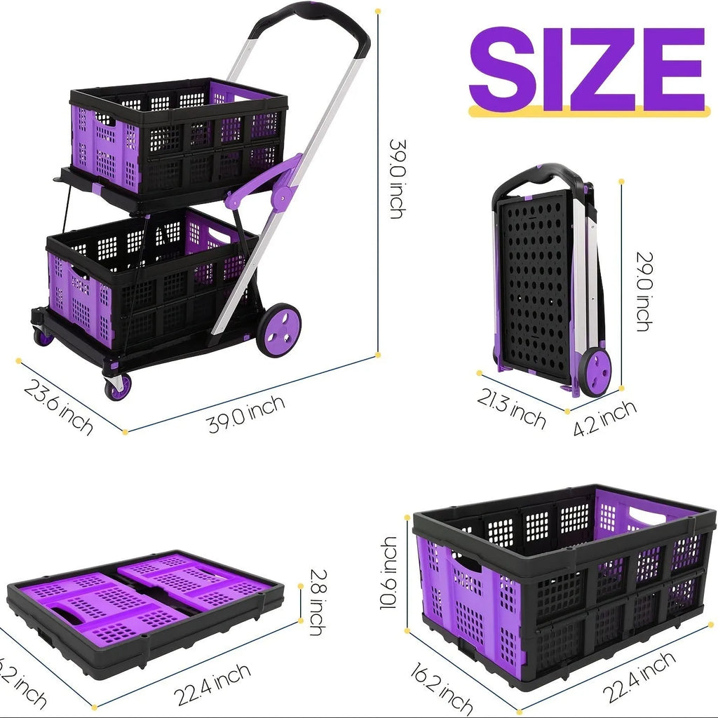Blue foldable shopping cart with two plastic baskets, shown in its unfolded state.