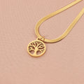 Adjustable tree pendant necklace on snake bone chain in gold or steel colour