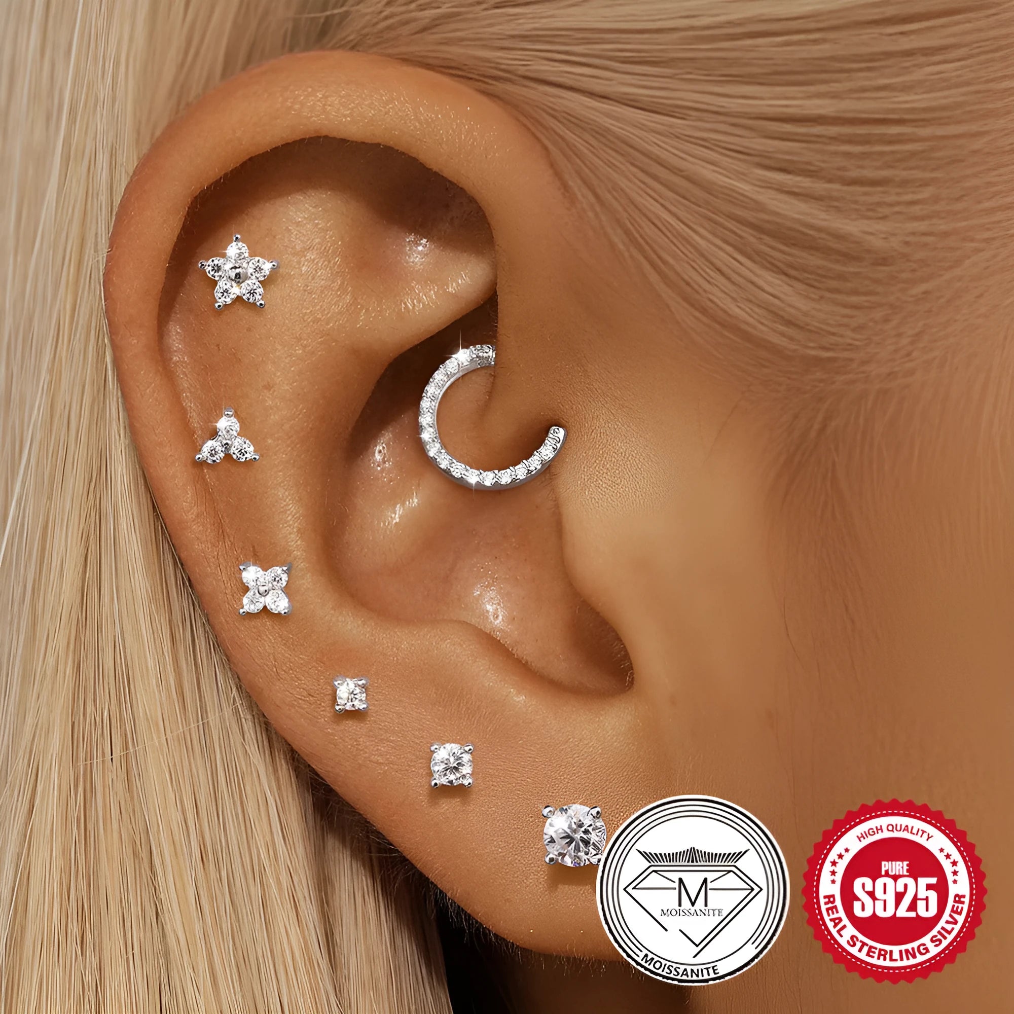 S925 sterling silver geometric stud earrings with petal diamond designs in platinum finish
