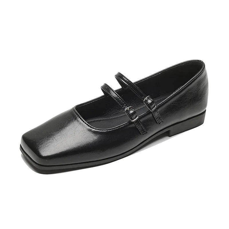 Women's genuine leather Mary Jane shoes with cross buckle strap and flat heel
