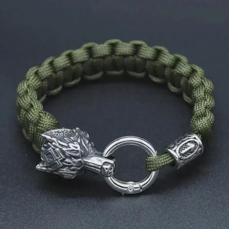 Stainless steel wolf head bracelet with Chinese character luen pendant in camouflage colour