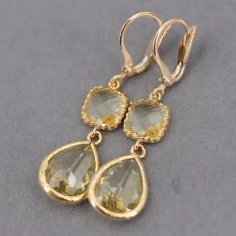 Gold retro geometric long fringe earrings with crystal water droplets on copper construction