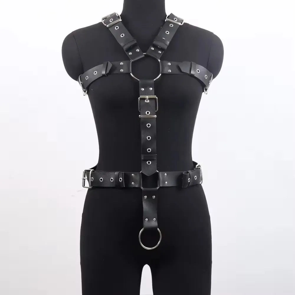 Black imitation leather women's shapewear bondage suit with glossy patent leather finish and thin pin buckle.