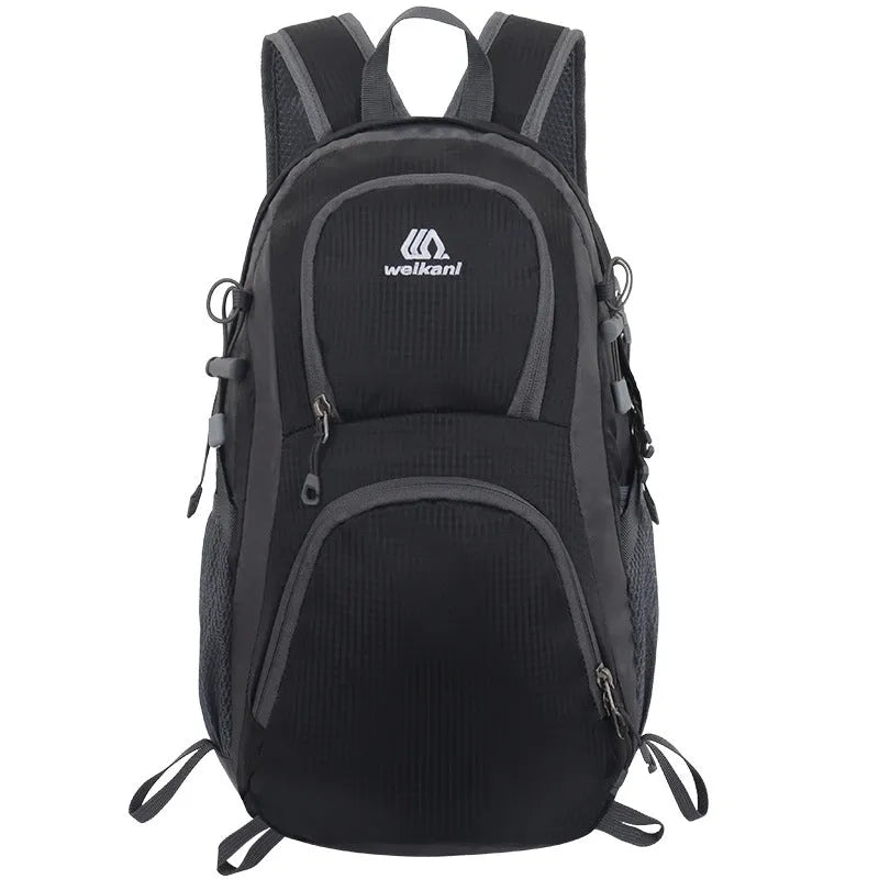 Black outdoor backpack with air pillow belt, shown with other colour options: blue, dark blue, lake blue, orange, and purple.