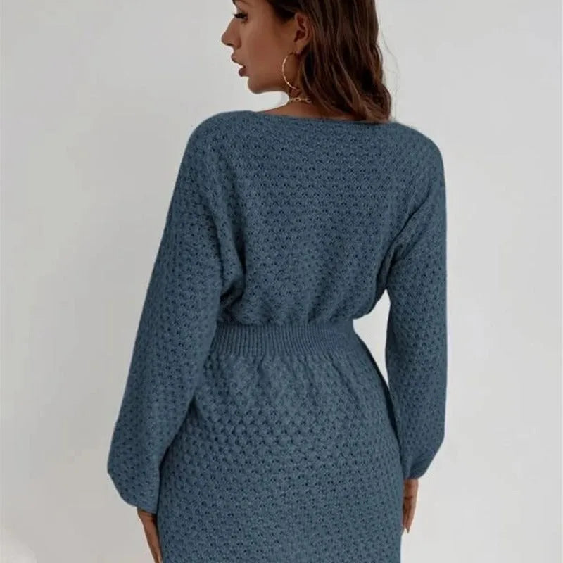 Blue women's knitted dress with fitted waist and hand-crocheted flower decorative elements