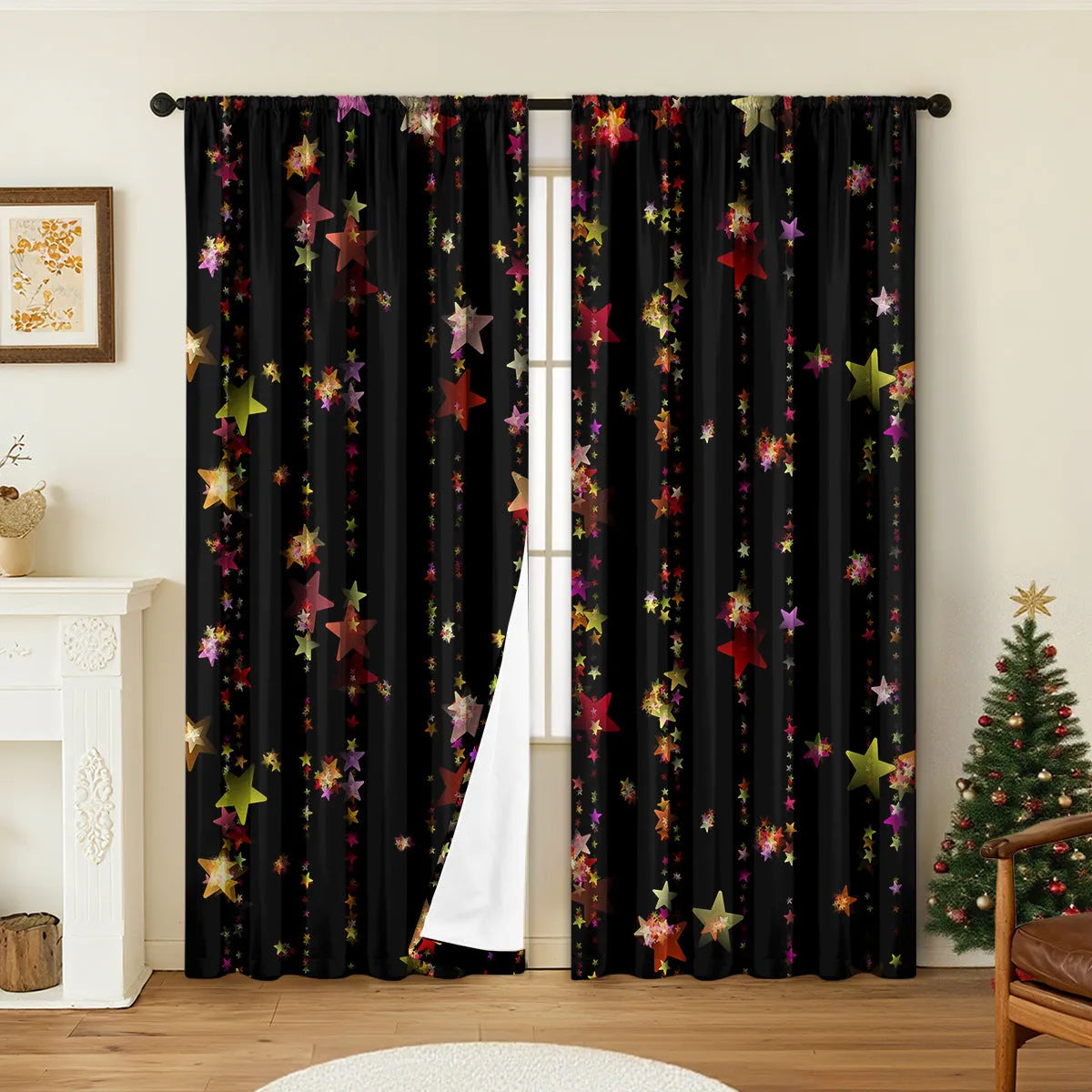 Pair of red and green 3D digitally printed Christmas themed polyester curtains hanging on a window.