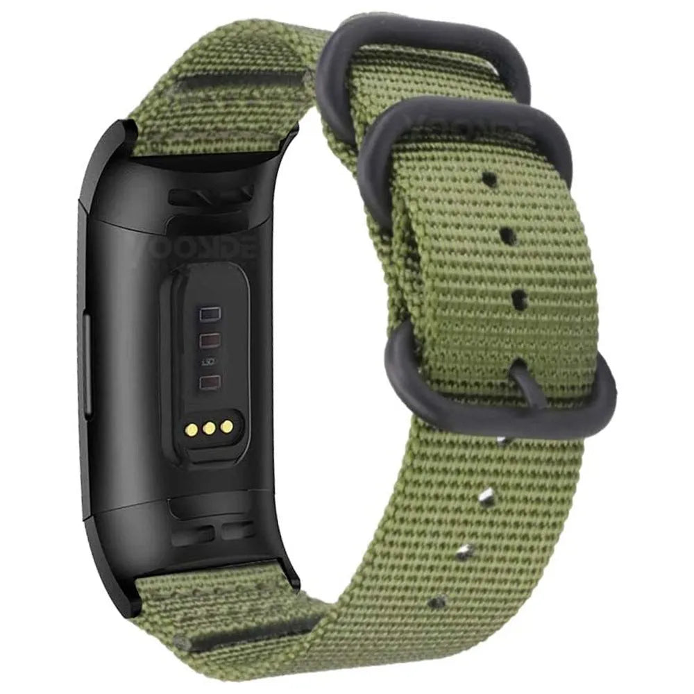Nylon three-ring buckle replacement strap for Fitbit Charge 3 fitness tracker in multiple colours.