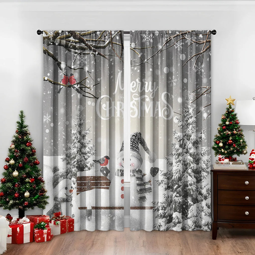 3D digitally printed Christmas curtain panel hanging on a window, showing festive pattern and polyester fabric texture.
