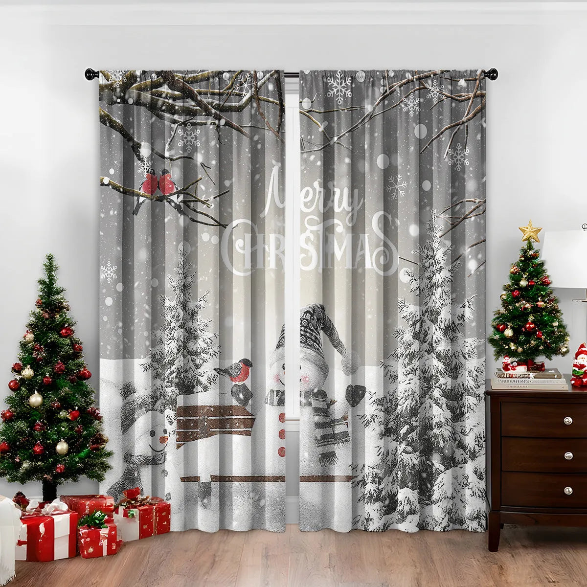 3D digitally printed Christmas curtain panel hanging on a window, showing festive pattern and polyester fabric texture.