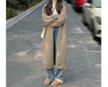 Women's loose knitted cardigan in chenille fabric showing 65cm length and solid colour options