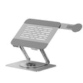 Silver carbon steel laptop stand with a side-mounted magnetic phone holder rotated to show its 360-degree movement.