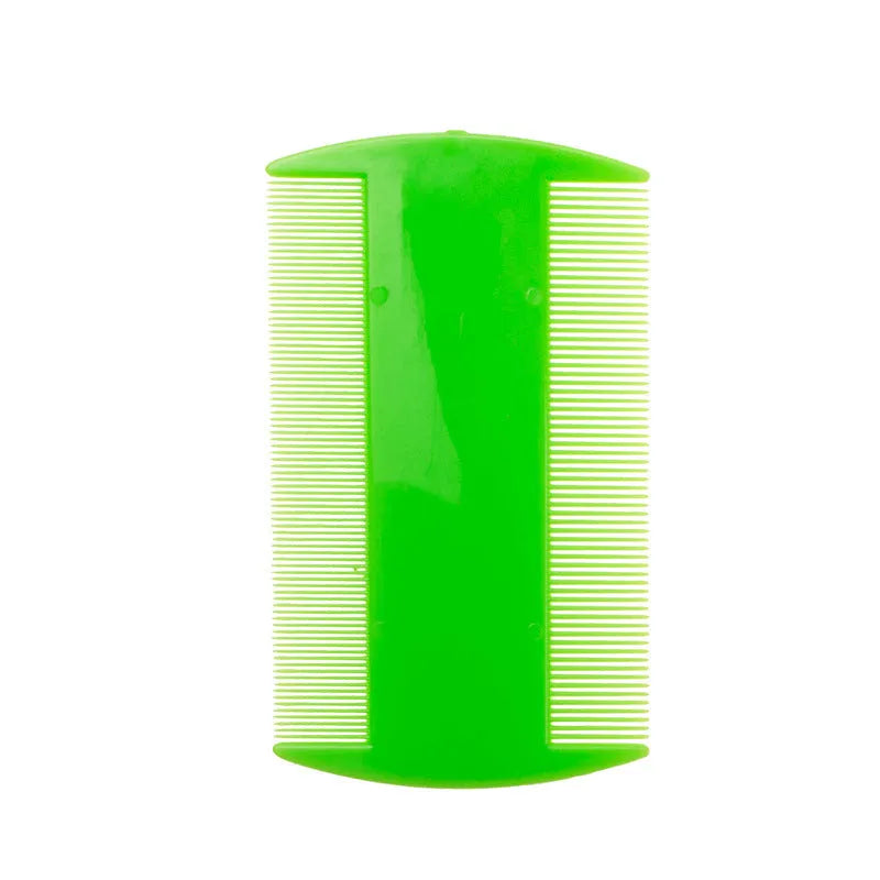 Double-sided fine tooth plastic comb for lice and fleas in various colours on a white background.