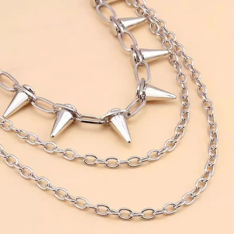 Silver metal double-layer pants chain with rivet detailing measuring 115cm length