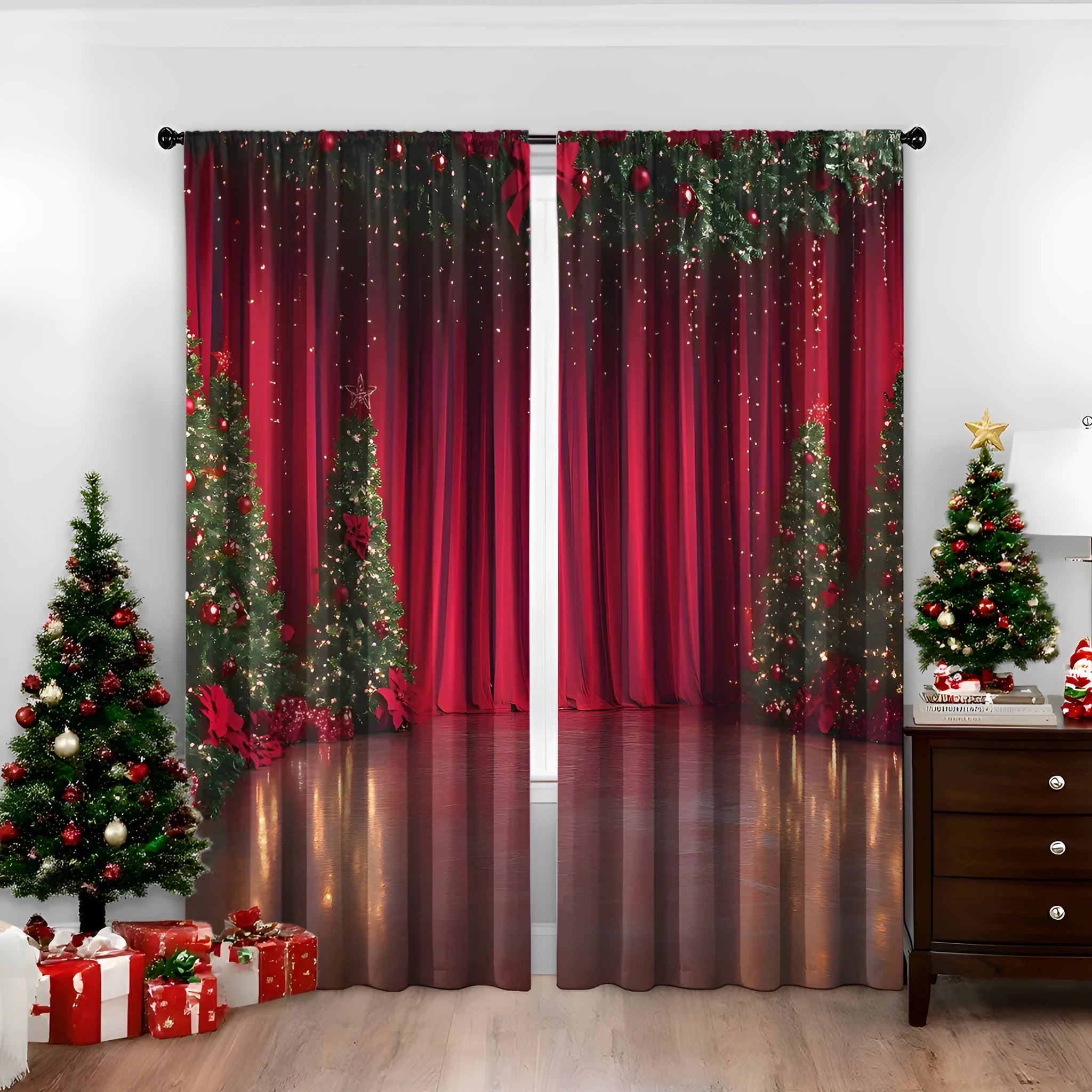 Pair of red and green 3D digitally printed Christmas themed polyester curtains hanging on a window.