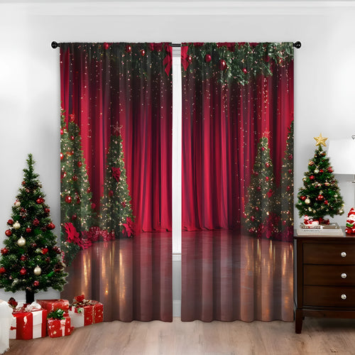 Pair of red and green 3D digitally printed Christmas themed polyester curtains hanging on a window.