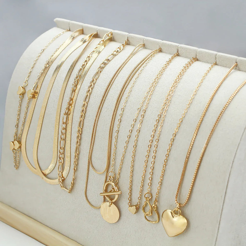 Gold colour women's necklace set with 10 alloy pendants on snake bone chain, adjustable 21-50cm