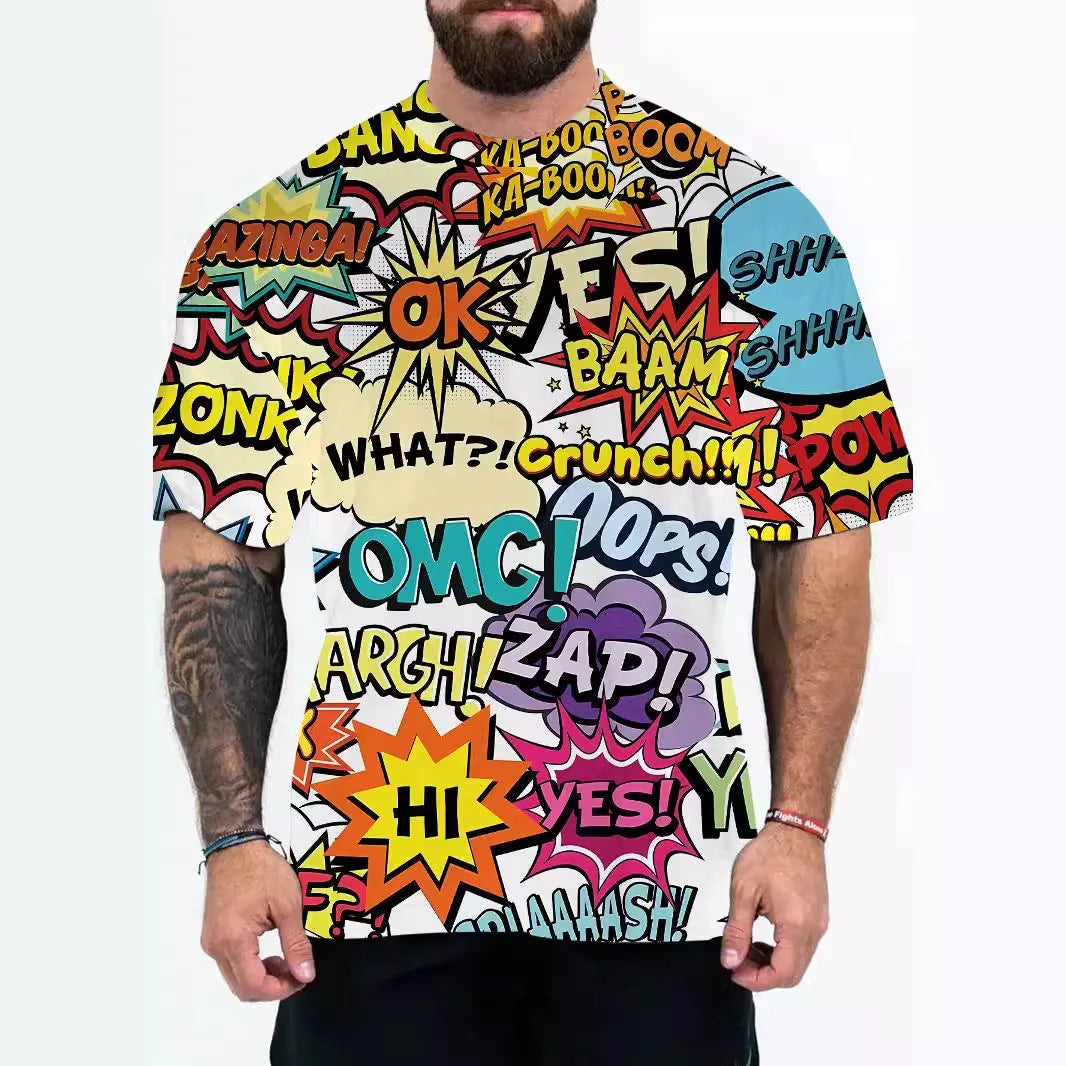 Man wearing a loose fit casual t-shirt featuring an eagle head graphic design on the front.