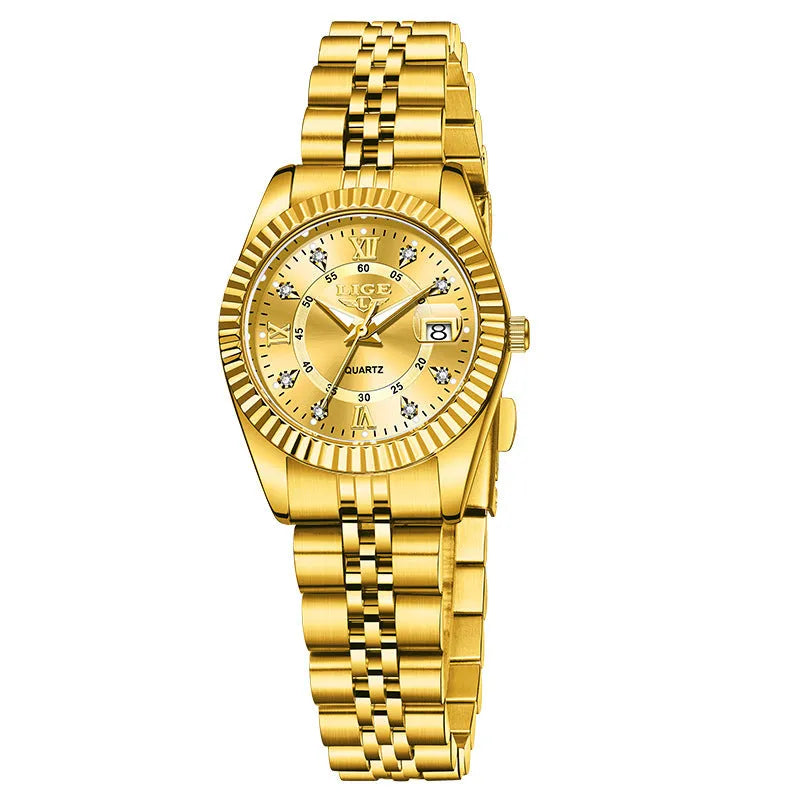 Women's waterproof quartz fashion watch with 10mm thickness in gold, silver, and metallic colour variations