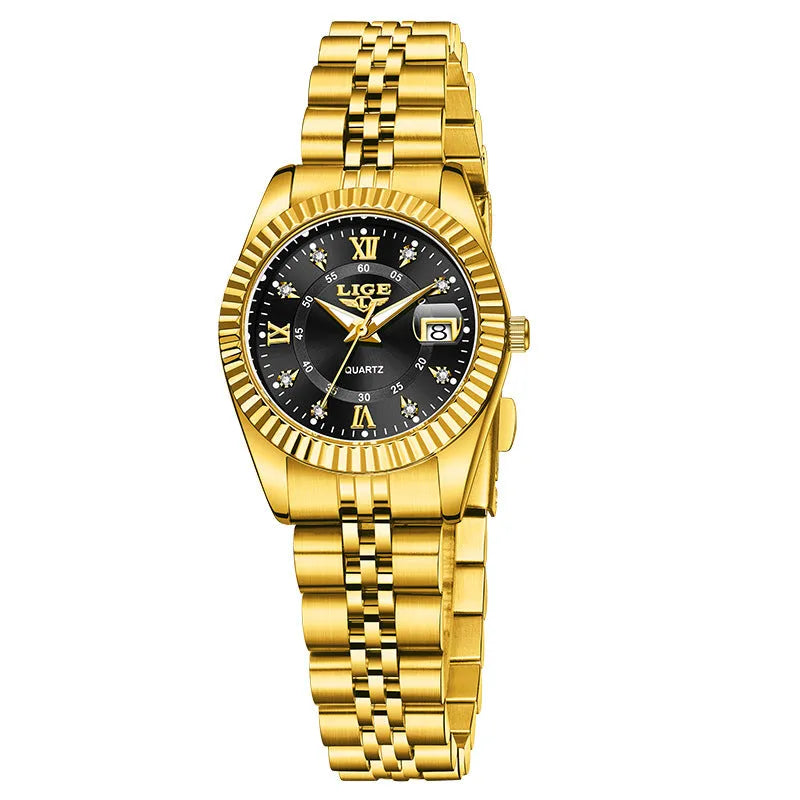 Women's waterproof quartz fashion watch with 10mm thickness in gold, silver, and metallic colour variations