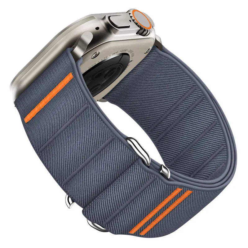 Elastic nylon Apple Watch band with stainless steel buckle shown in multiple colour options