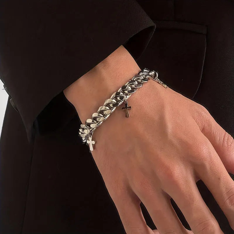 Men's titanium steel geometric bracelet with a cross design on a white background.