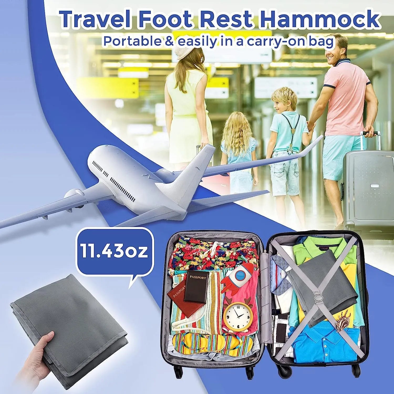 Blue portable children's aircraft seat pedal extender with drawstring storage pocket for travel