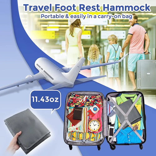 Blue portable children's aircraft seat pedal extender with drawstring storage pocket for travel