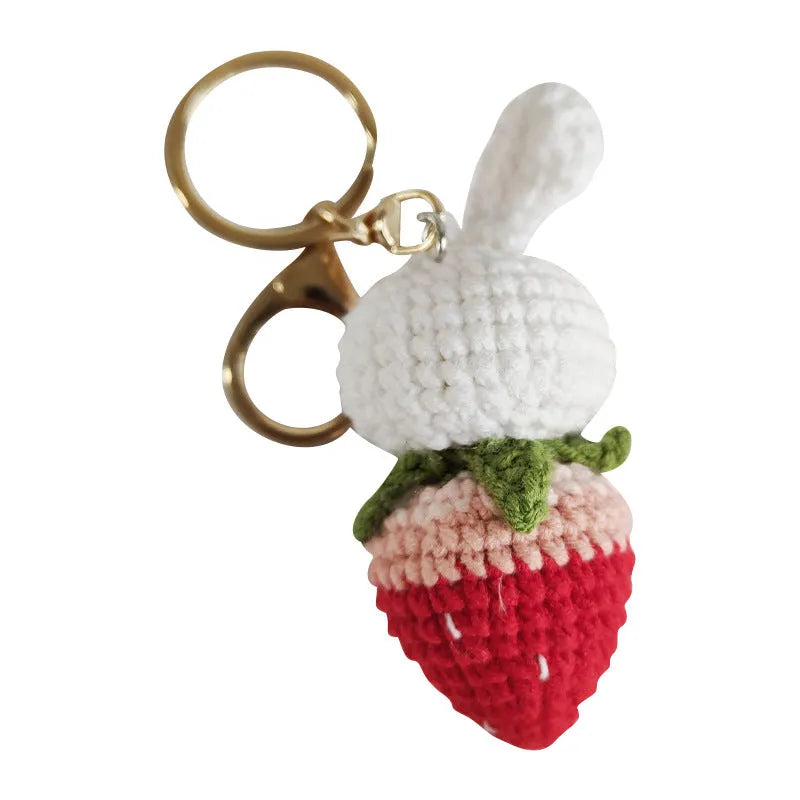 White hand-woven wire rabbit strawberry pendant charm with key ring