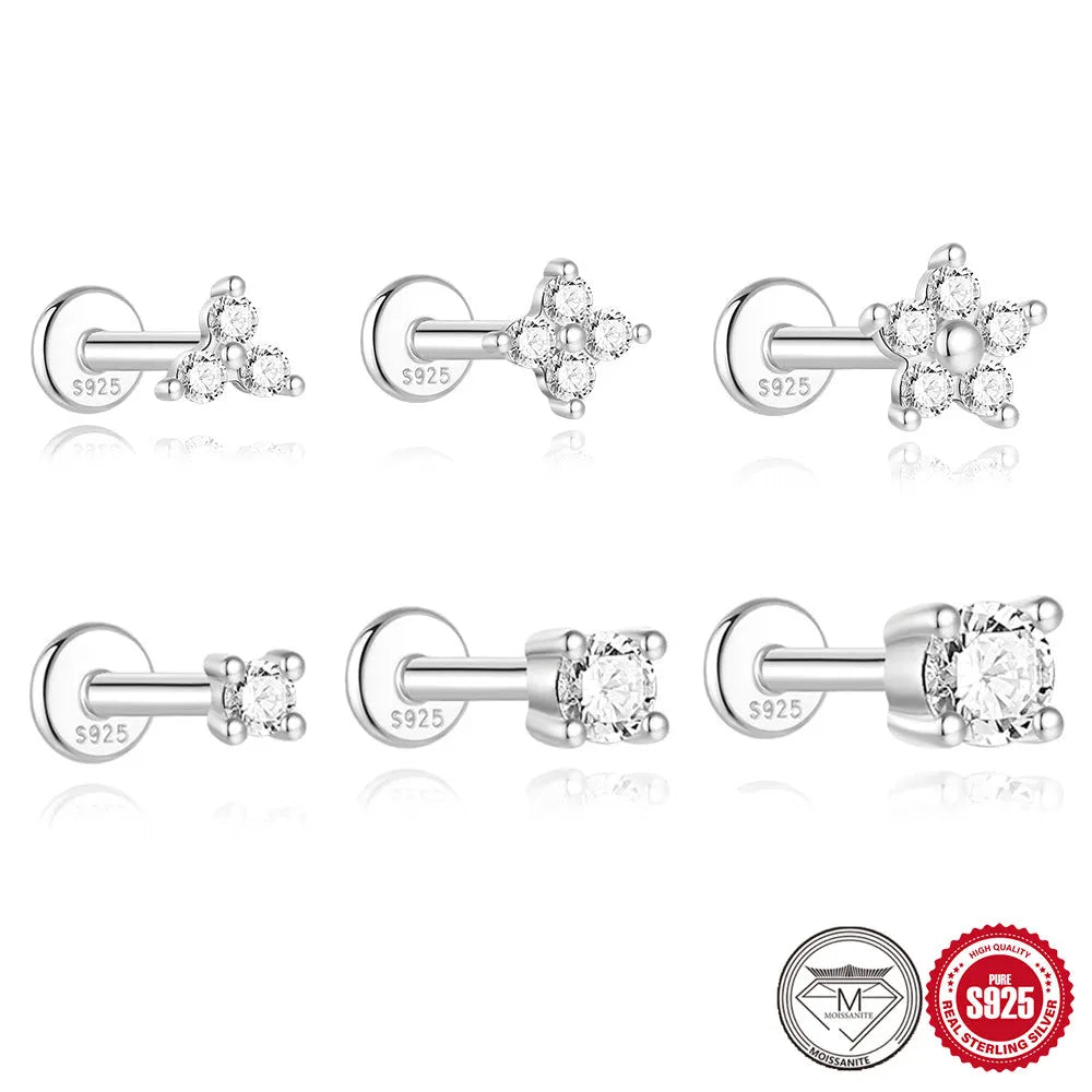 S925 sterling silver geometric stud earrings with petal diamond designs in platinum finish
