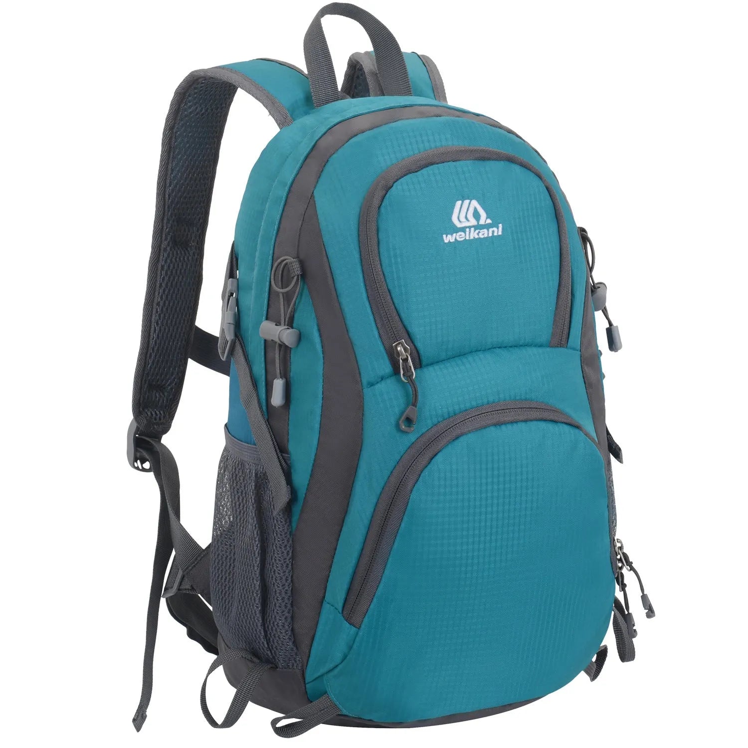 Black outdoor backpack with air pillow belt, shown with other colour options: blue, dark blue, lake blue, orange, and purple.