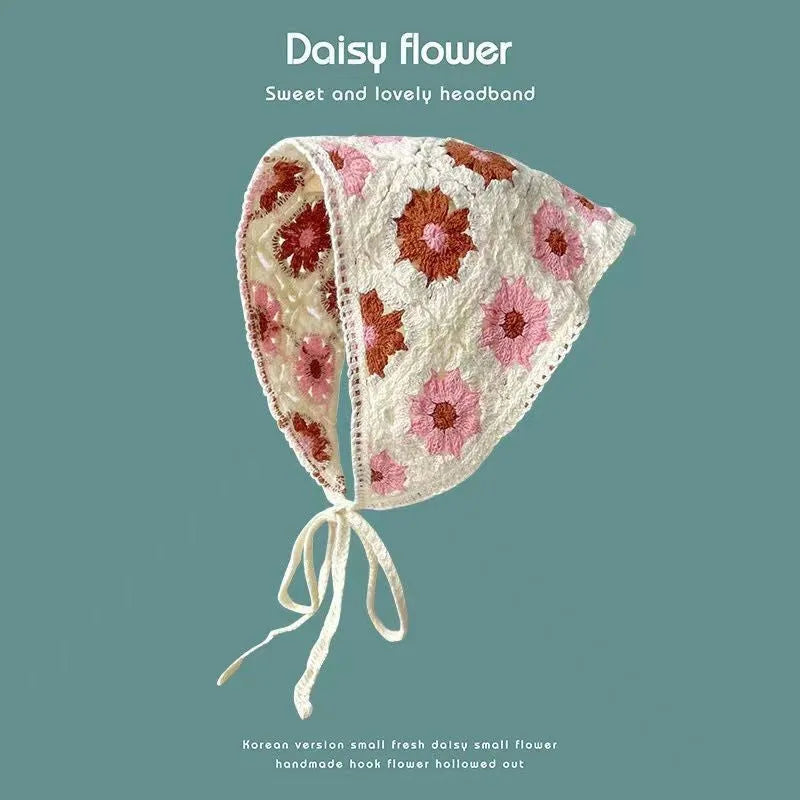 Women's cotton triangular headscarf with floral pattern, shown in beige blue little daisy design.