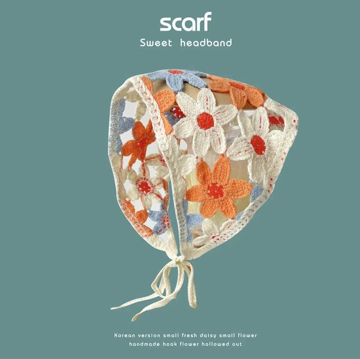 Women's cotton triangular headscarf with floral pattern, shown in beige blue little daisy design.