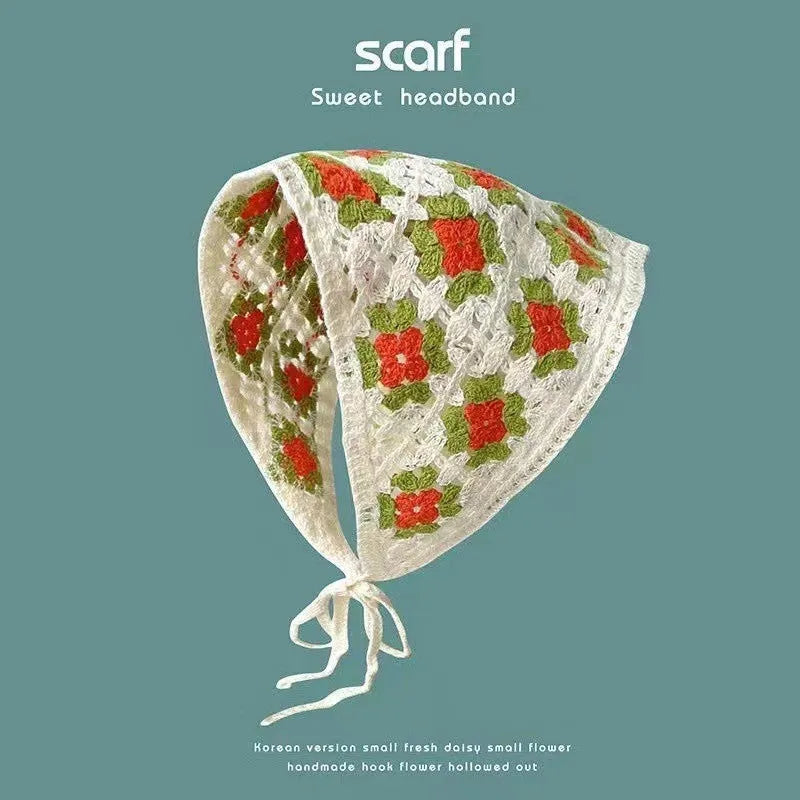 Women's cotton triangular headscarf with floral pattern, shown in beige blue little daisy design.