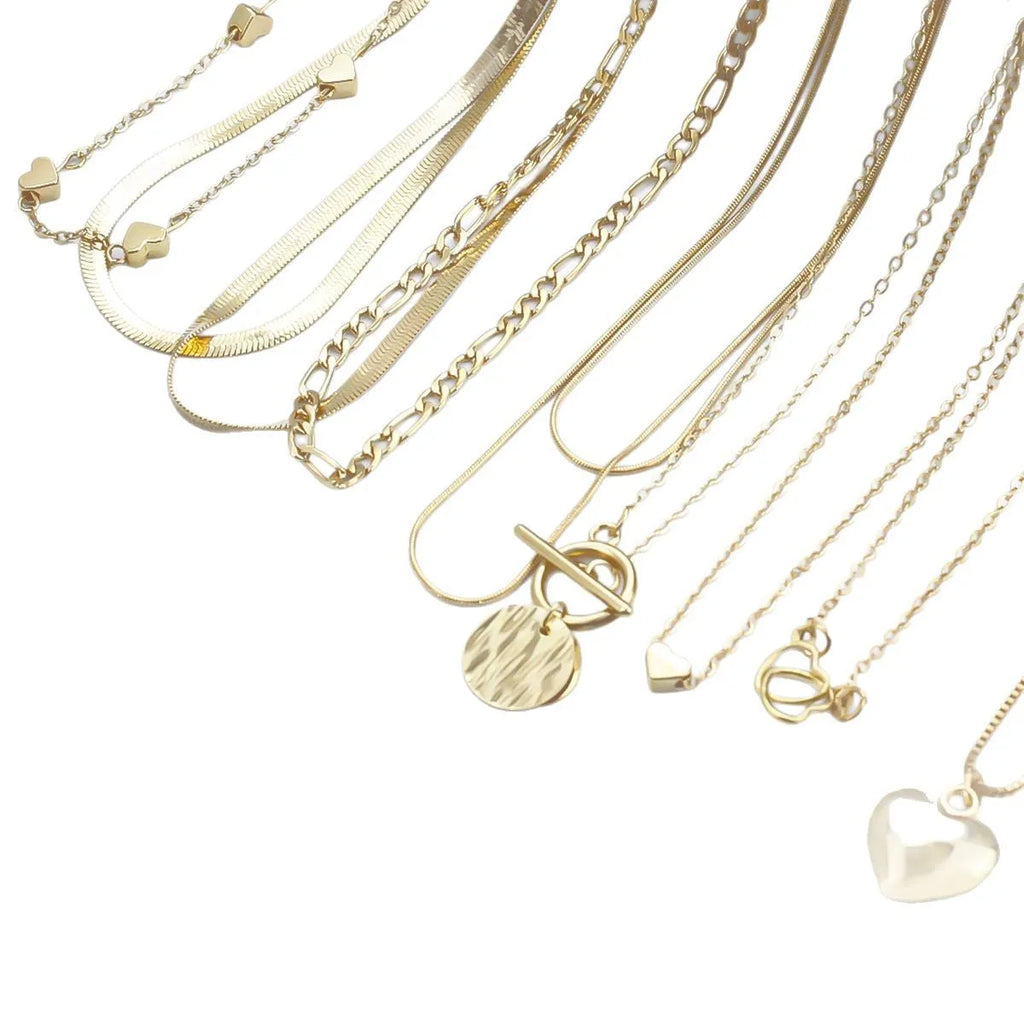 Gold colour women's necklace set with 10 alloy pendants on snake bone chain, adjustable 21-50cm