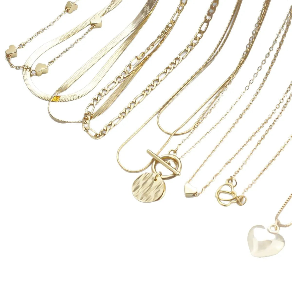 Gold colour women's necklace set with 10 alloy pendants on snake bone chain, adjustable 21-50cm