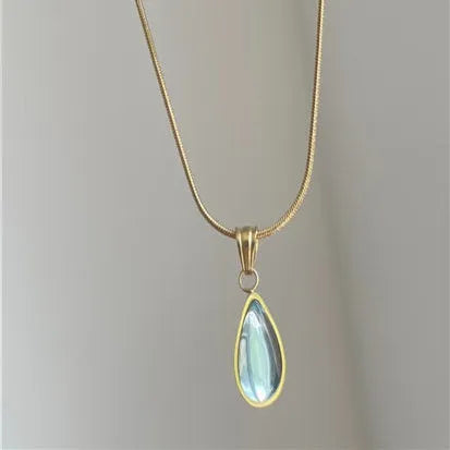 Water drop pendant necklace with gemstone inlay on snake bone chain in blue or green colour