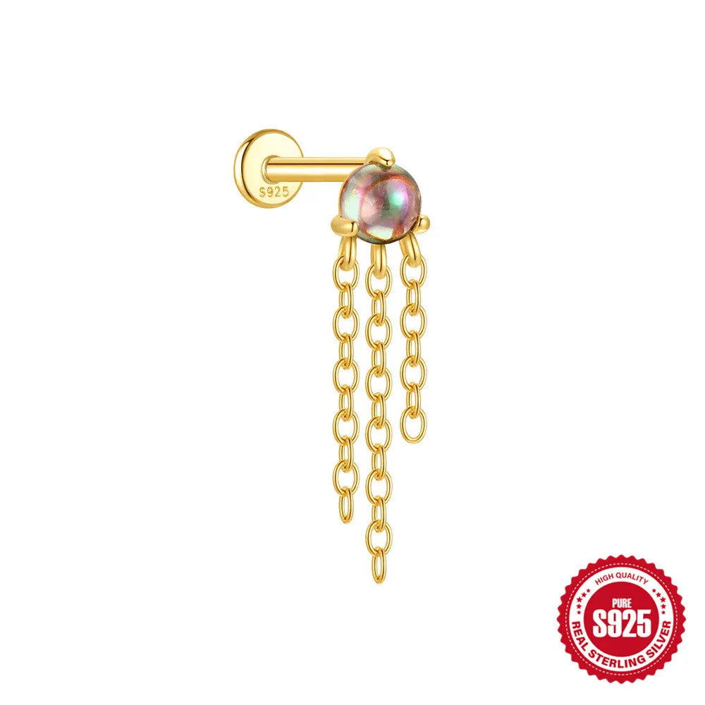 S925 sterling silver flat head thread piercing earring with rainbow stone on geometric setting.