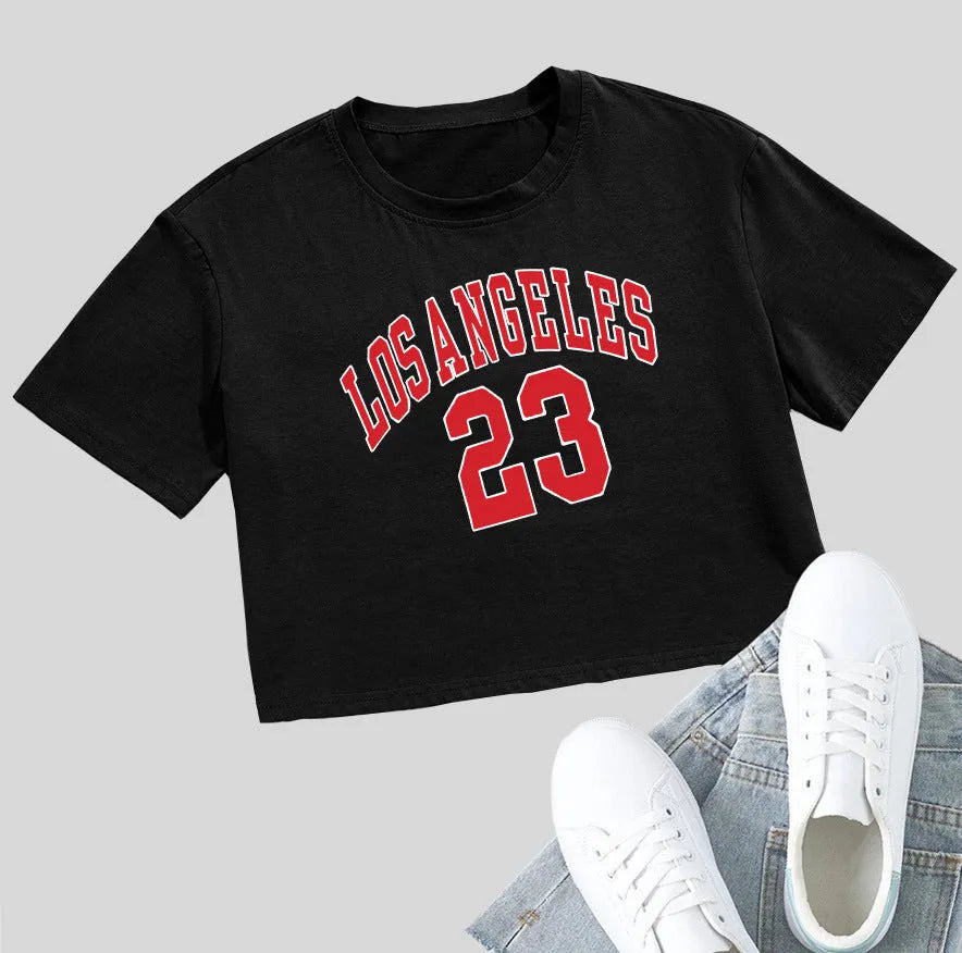 Personalised English letters cotton summer t-shirt with exposed navel design in black or white colours