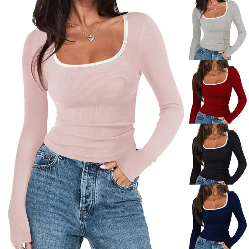 Women's square collar slim fit cotton top in solid colours with long sleeves and short length