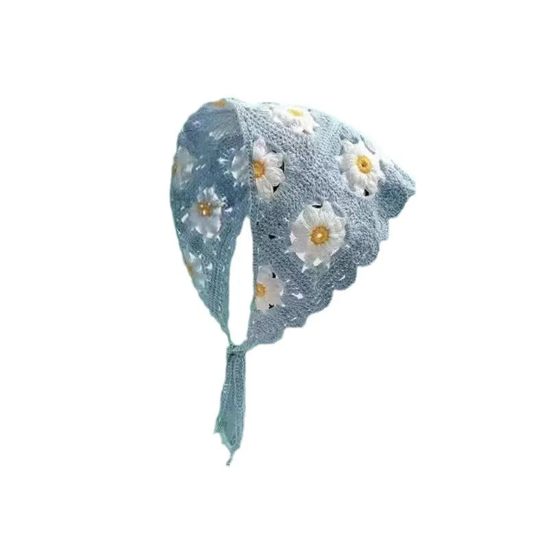 Women's cotton triangular headscarf with floral pattern, shown in beige blue little daisy design.