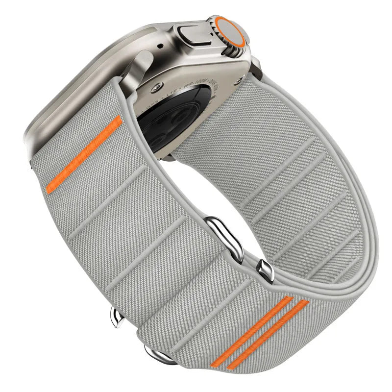 Elastic nylon Apple Watch band with stainless steel buckle shown in multiple colour options