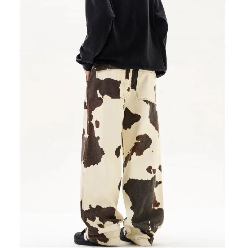 Men's straight-leg trousers with retro cows pattern in 7698 cow colour
