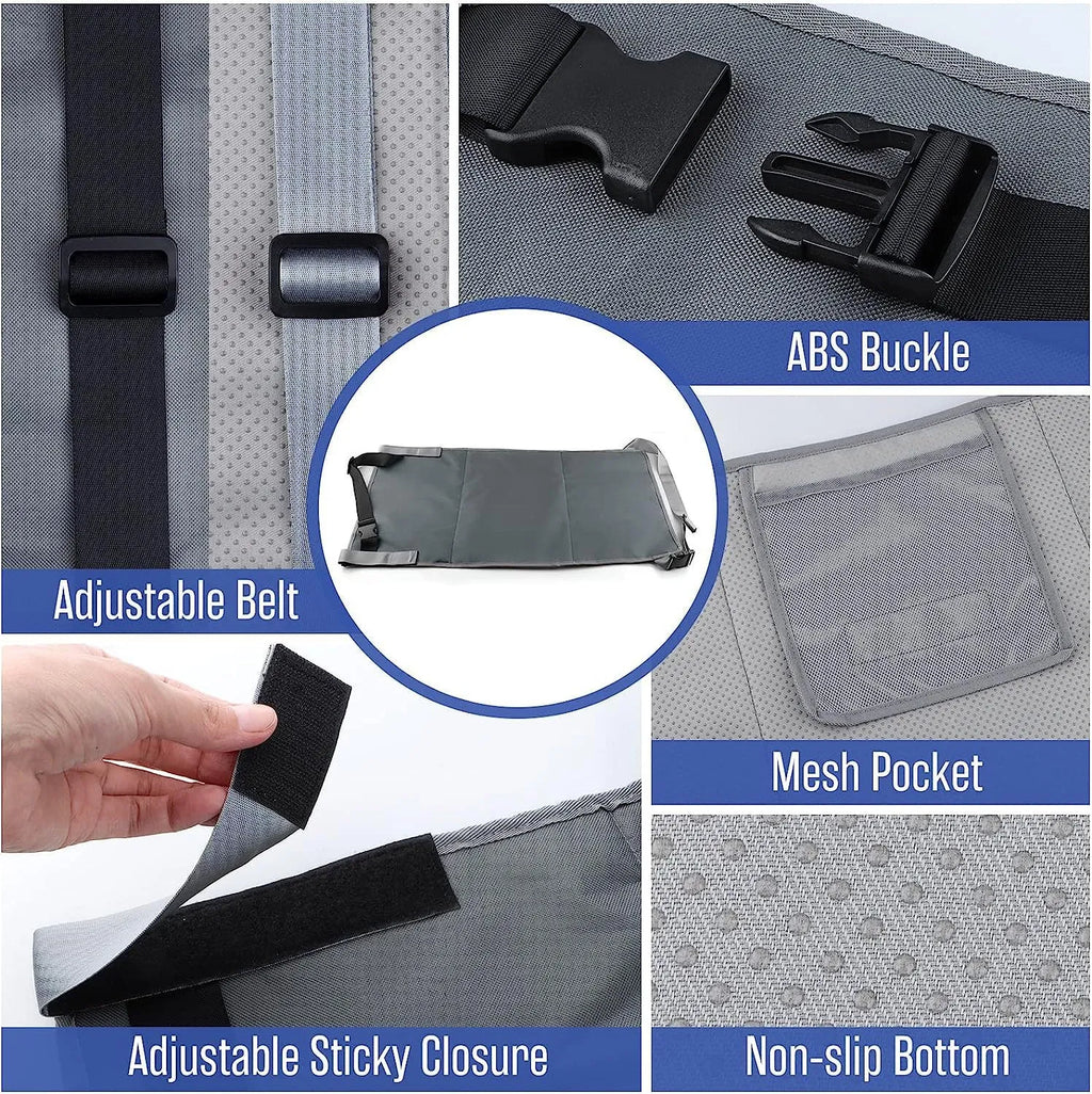 Blue portable children's aircraft seat pedal extender with drawstring storage pocket for travel