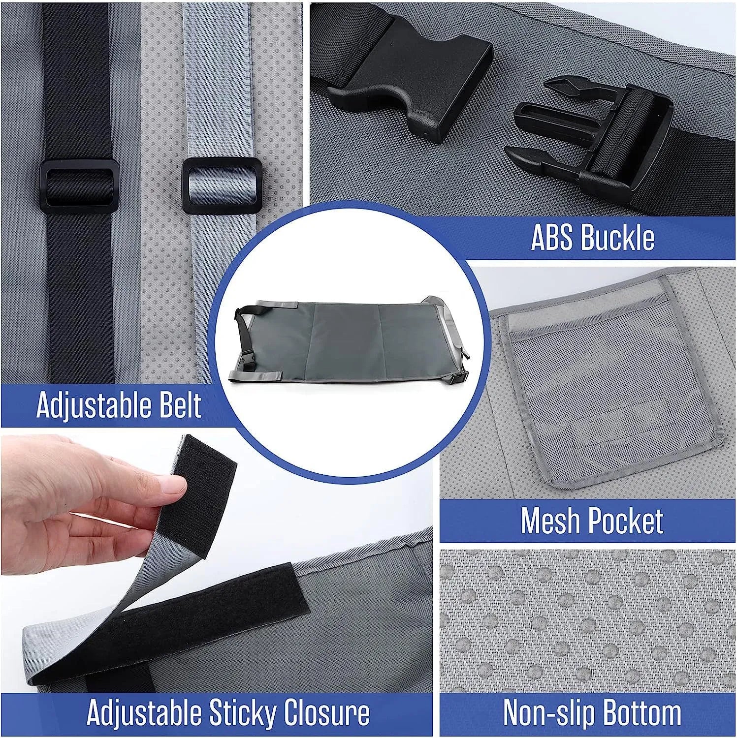 Blue portable children's aircraft seat pedal extender with drawstring storage pocket for travel