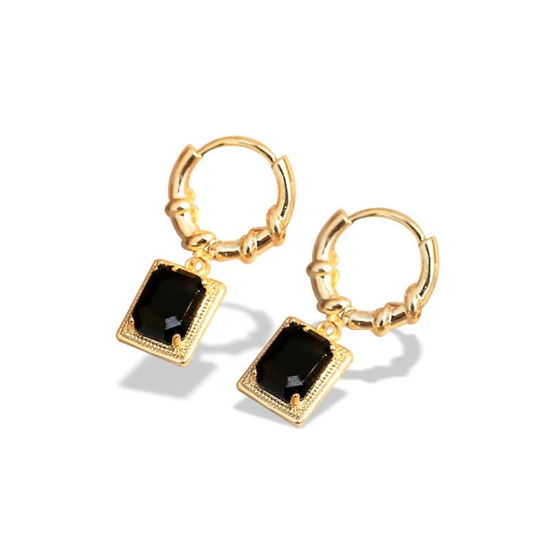 Geometric black zircon copper earrings with quadrilateral shape and French court retro styling
