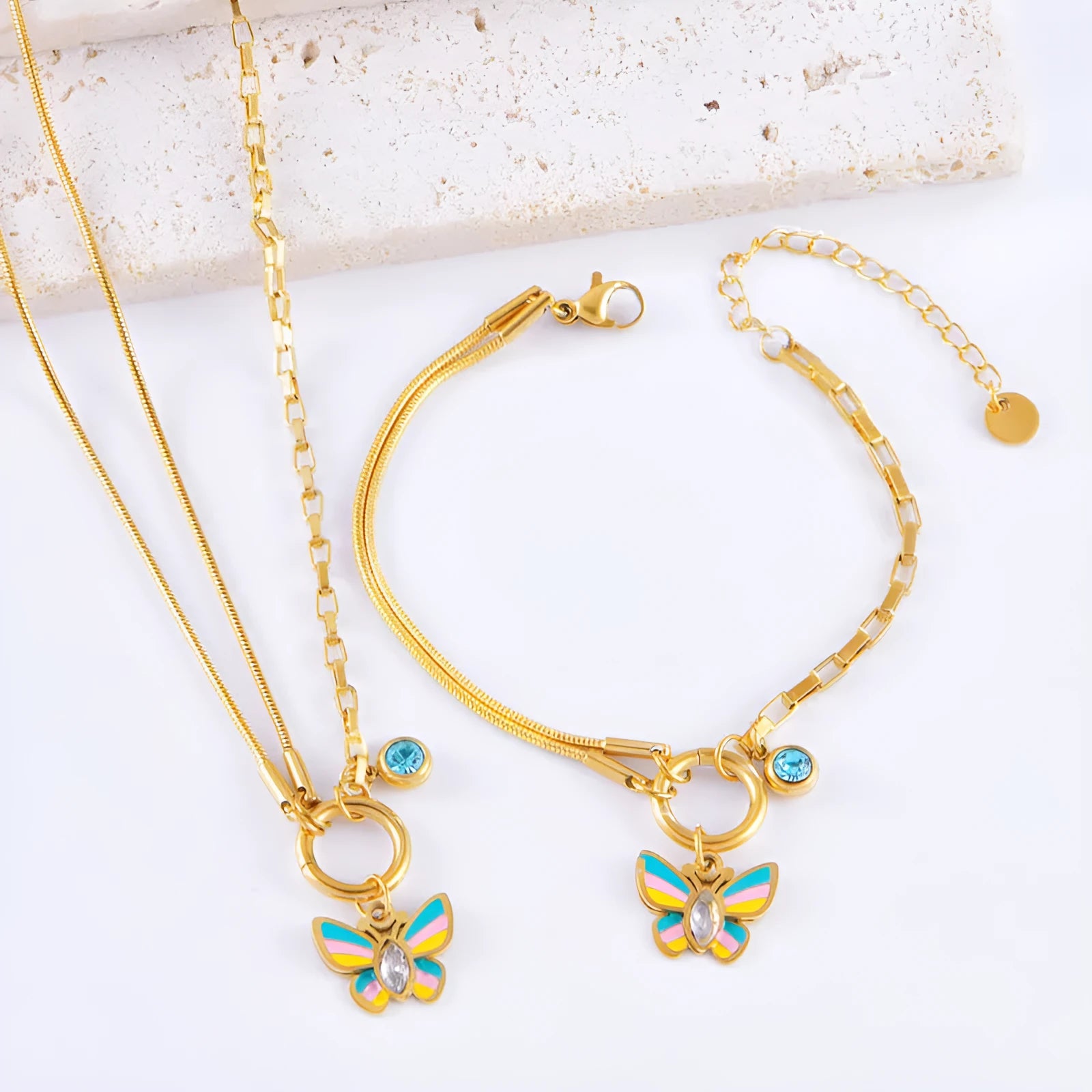 Gold epoxy butterfly necklace and bracelet set with titanium steel snake bones chain