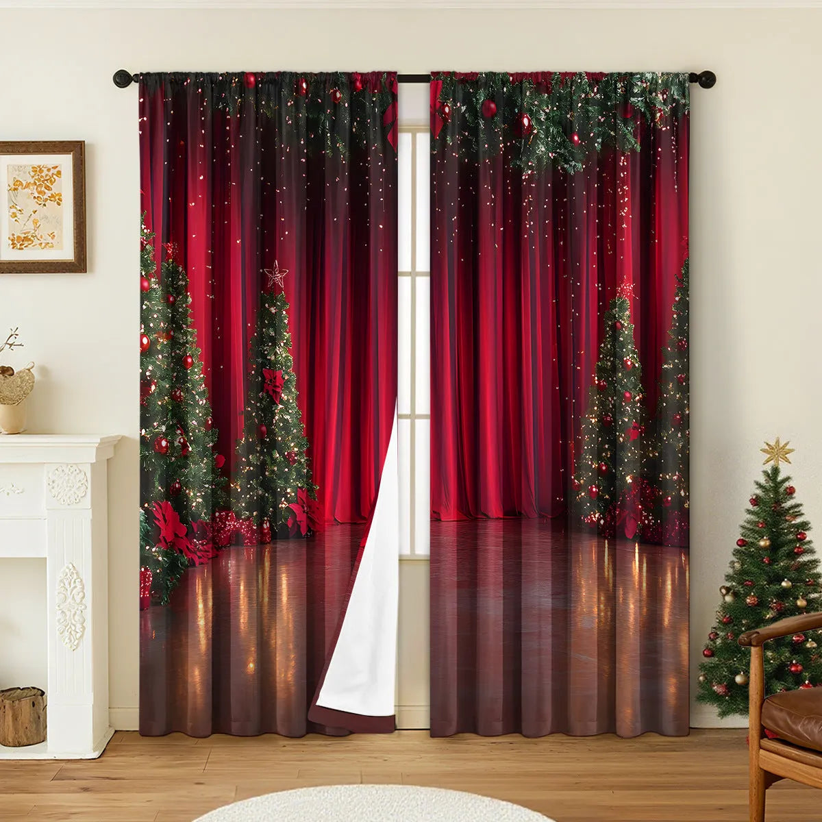 Pair of red and green 3D digitally printed Christmas themed polyester curtains hanging on a window.