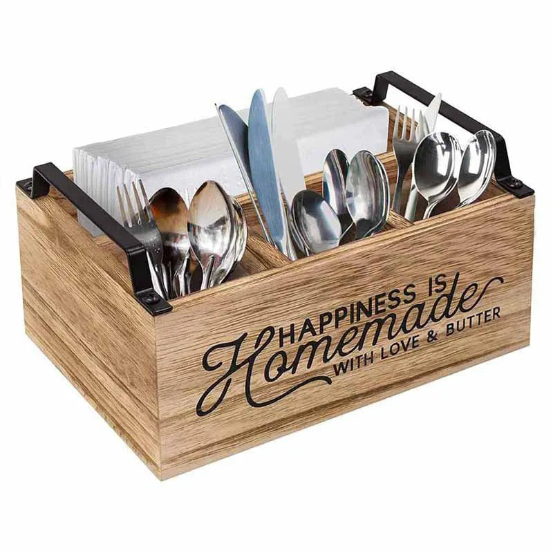 Wooden kitchen storage box with grid dividers measuring 23×16.8×10cm
