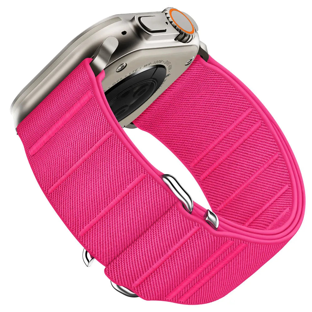 Elastic nylon Apple Watch band with stainless steel buckle shown in multiple colour options