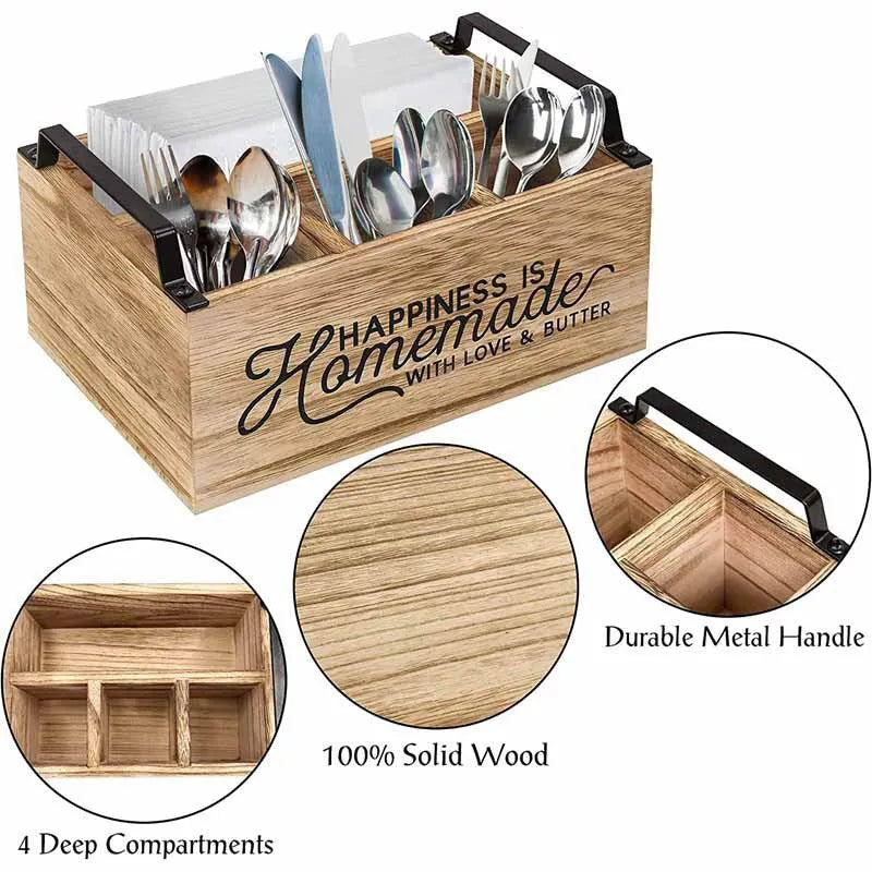 Wooden kitchen storage box with grid dividers measuring 23×16.8×10cm